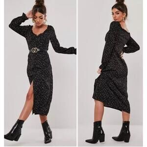 Missguided Ditsy Floral Milkmaid Midi Dress Black Size 2 Whimsical Goth